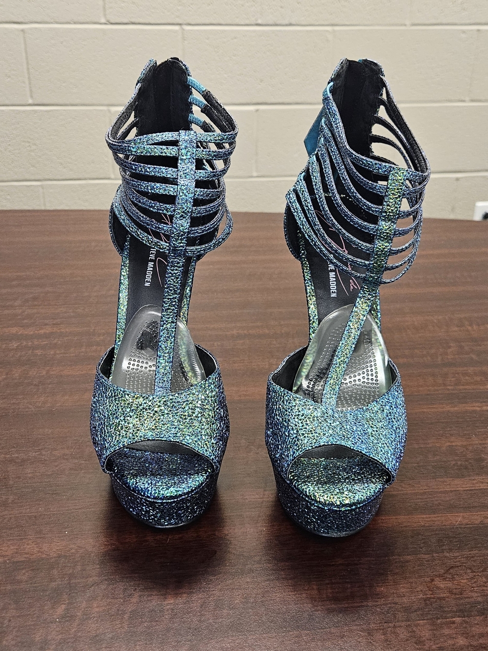 Glitter Strappy Platform Heels in Blue-Green